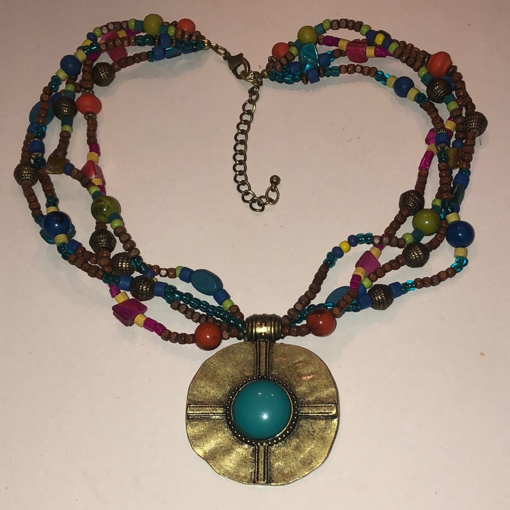 Multicolor Beaded Boho Statement Pendant Necklace - image 1